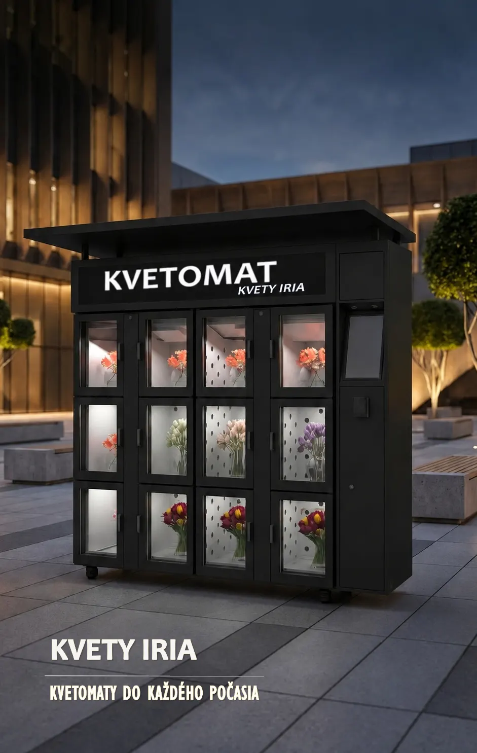 Květomat na dvanáct kytic před prodejnou